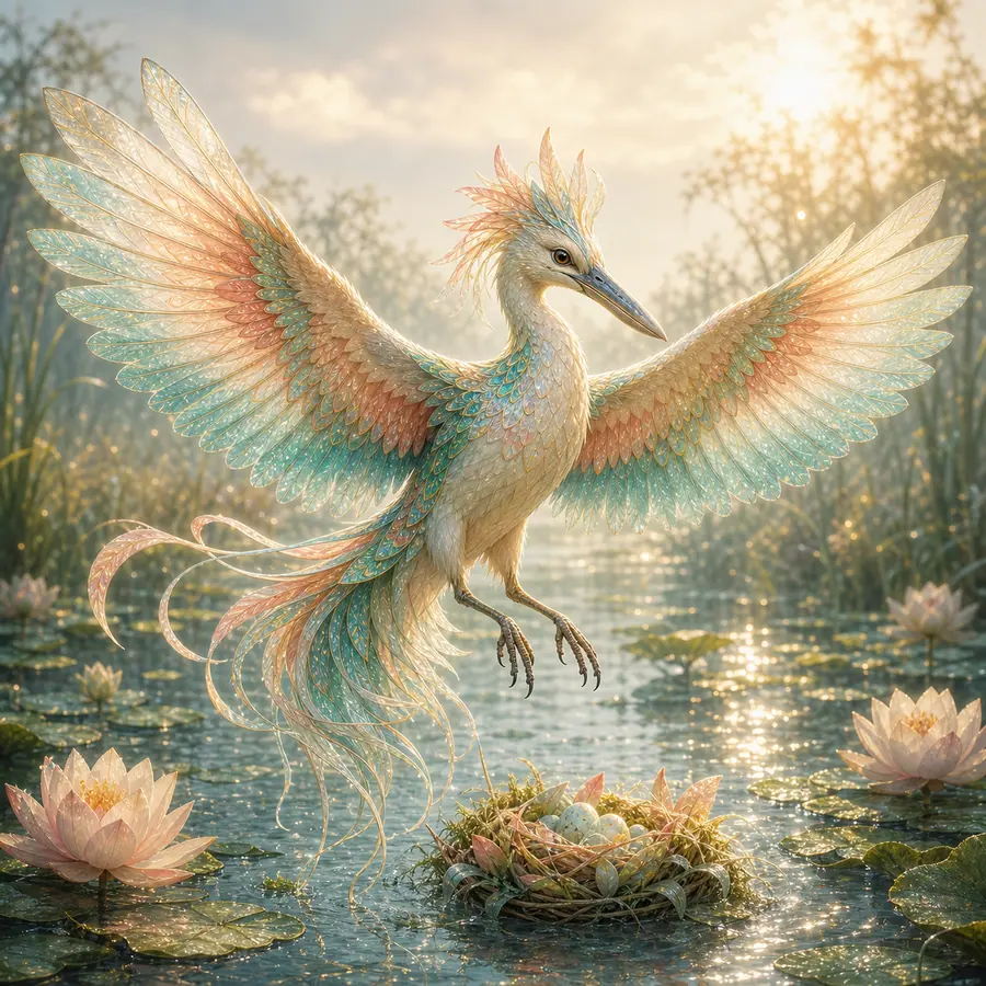Delicate bird hovering above lilies with iridescent feathers