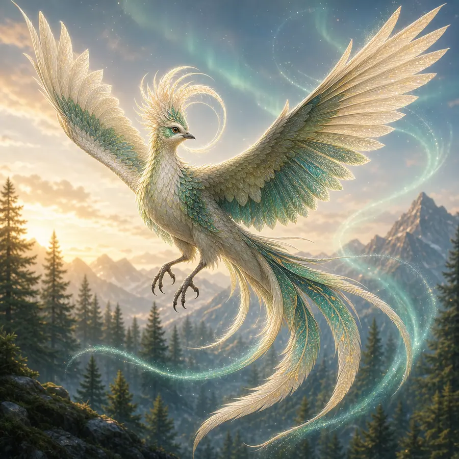 Mythic bird leaving aurora dust trails through the sky