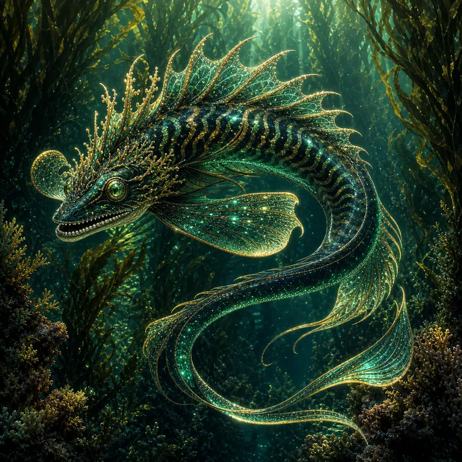 Eel-like luminous fish camouflaged in a kelp forest