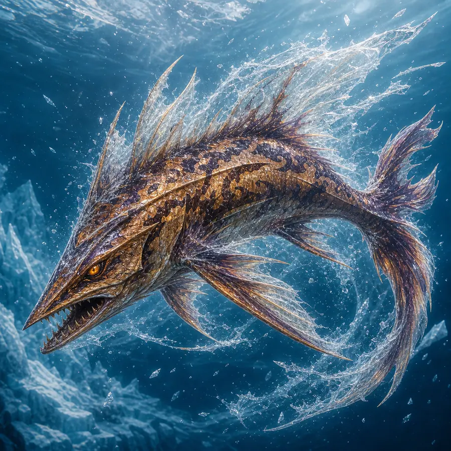 Angular mythic fish with bronze scales flash-freezing open water