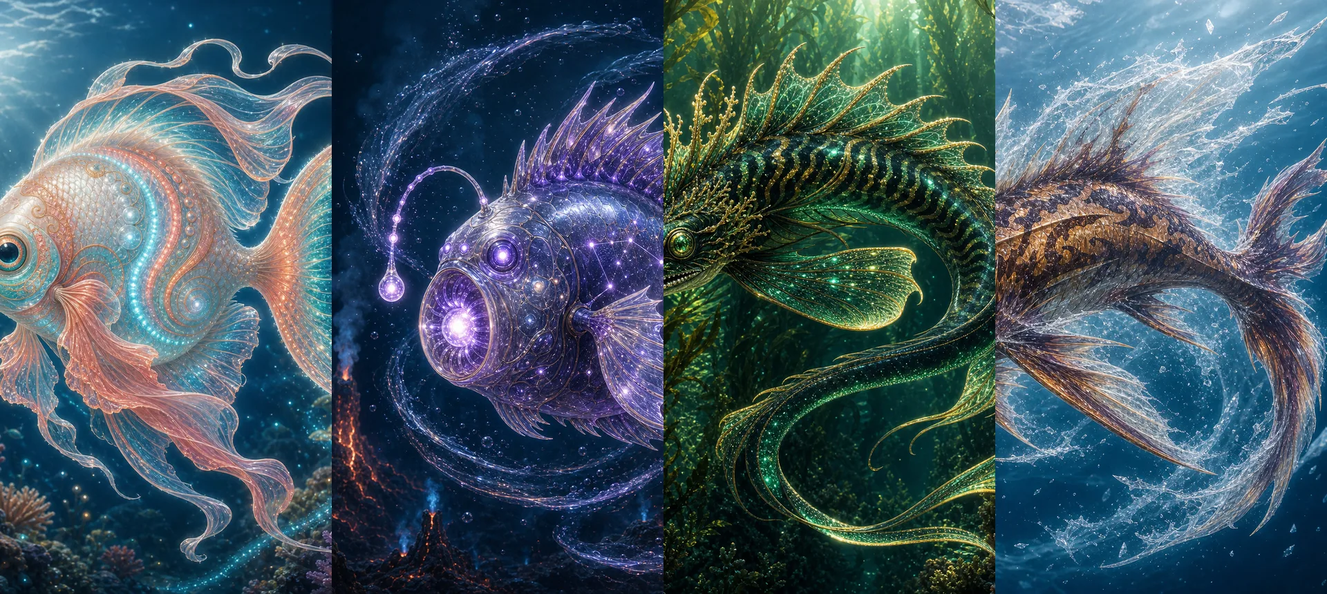 Collage of fantasy fish examples generated by the Random Fish Generator