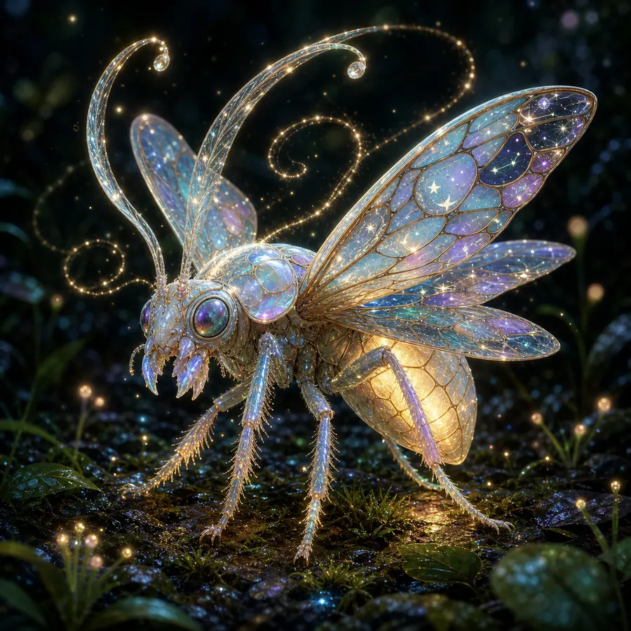 Luminous insect with stained-glass wings and glowing lantern abdomen