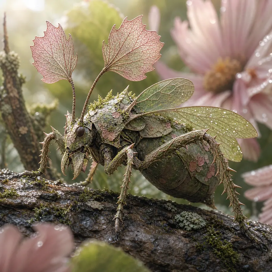 Thorn-like fantasy insect with leaf wings and petal antennae
