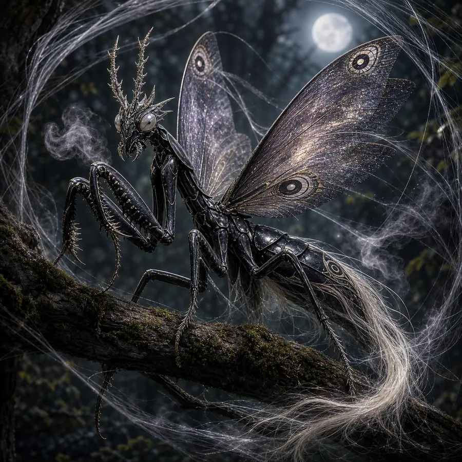 Dark mantis-like insect with silk veils and obsidian shell